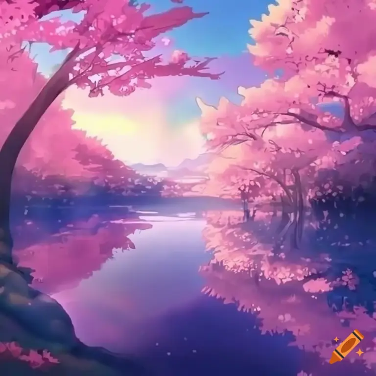 Pemandangan anime dengan pohon-pohon sakura