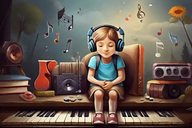 Gambar anak-anak mendengarkan musik