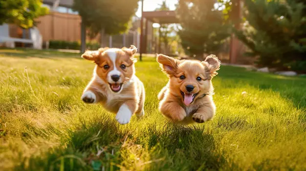 Anak-anak anjing bermain dengan gembira