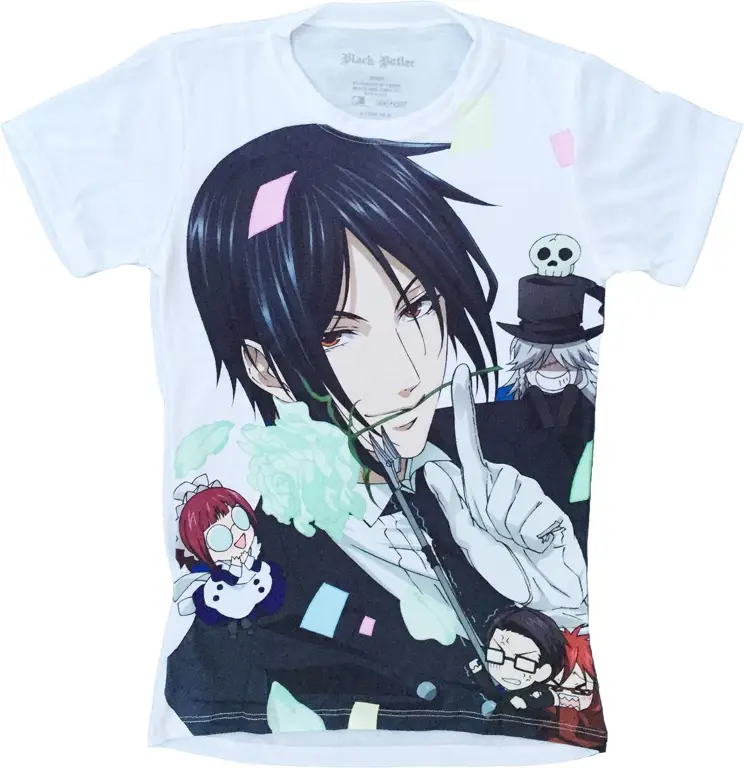 Berbagai merchandise Black Butler seperti gantungan kunci, kaos, dan lain-lain