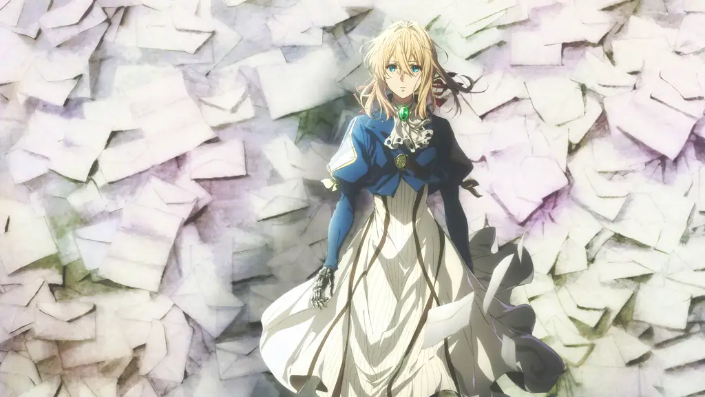 Gambar yang menampilkan gaya animasi indah dari Violet Evergarden