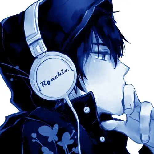 Gambar seorang anime boy dengan headphone sedang mendengarkan musik