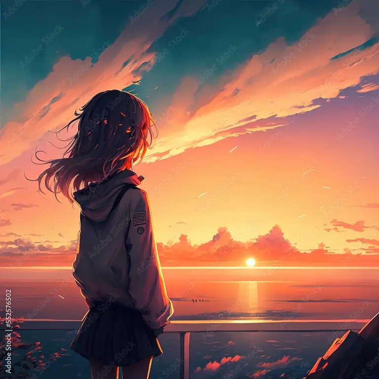 Gambar gadis anime menatap langit senja