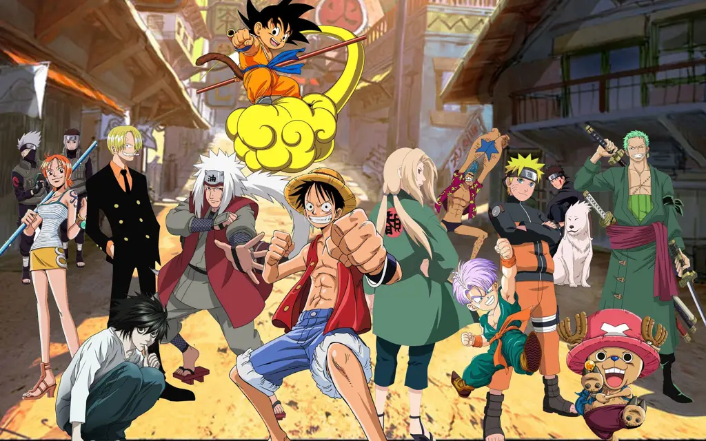 Gambar yang menampilkan karakter ikonik dari Dragon Ball, One Piece, dan Naruto.