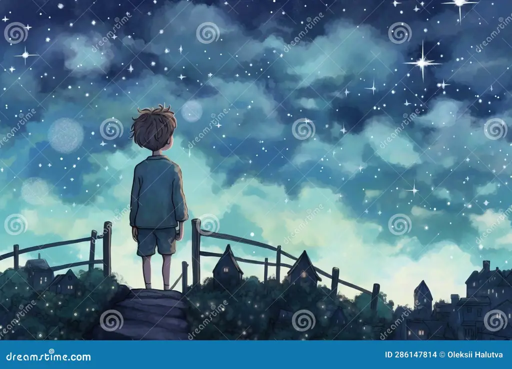 Gambar anime laki-laki menatap langit malam berbintang