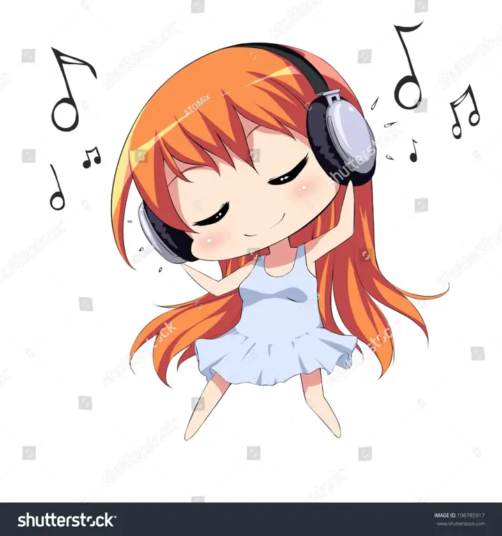 Gambar anime gadis yang sedang mendengarkan musik dengan ekspresi tenang dan damai.