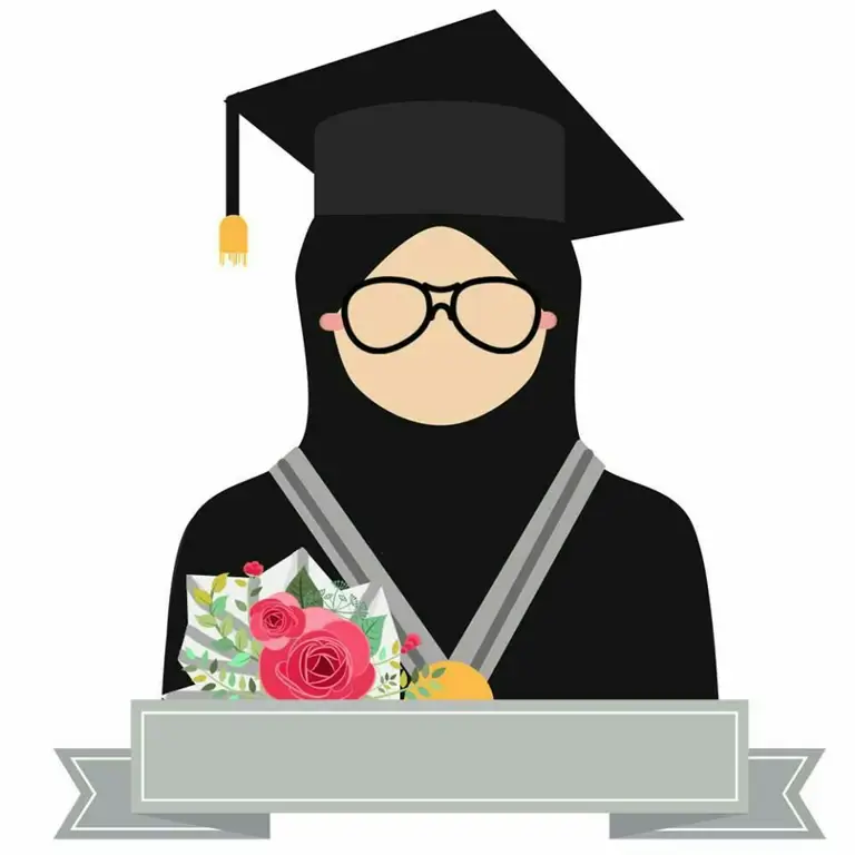 Ilustrasi anime muslimah berhijab dengan toga wisuda