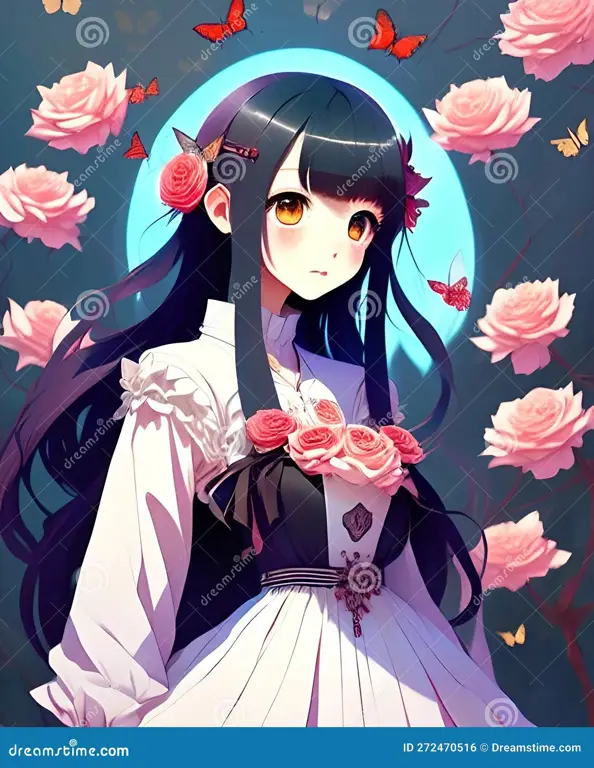 Ilustrasi anime perempuan berambut panjang yang cantik dan anggun.