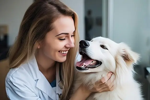 Anjing yang bahagia di klinik hewan