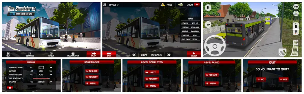 Antarmuka game simulator bus yang menampilkan opsi modifikasi livery