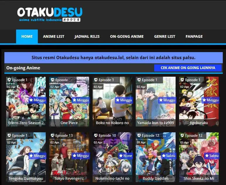 Screenshot situs web Otakudesu