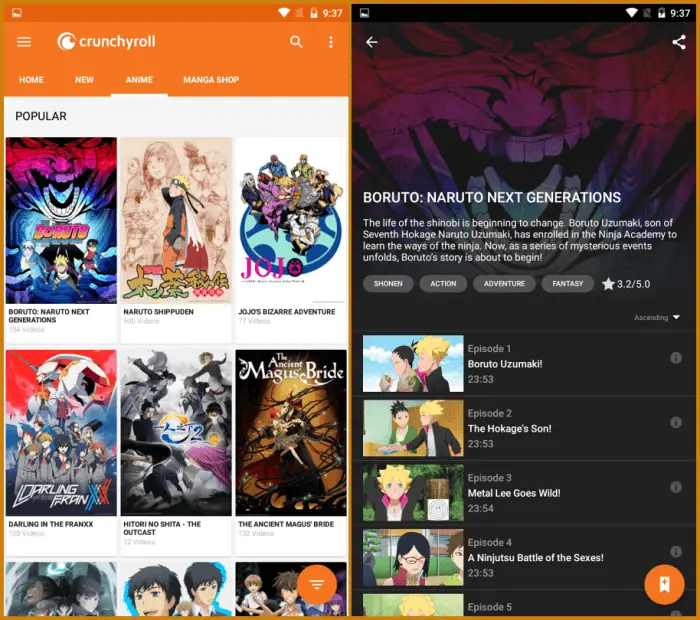 Antarmuka aplikasi streaming anime