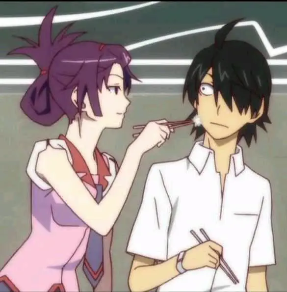 Araragi Koyomi dan Senjogahara Hitagi, karakter utama dalam Monogatari Season 1