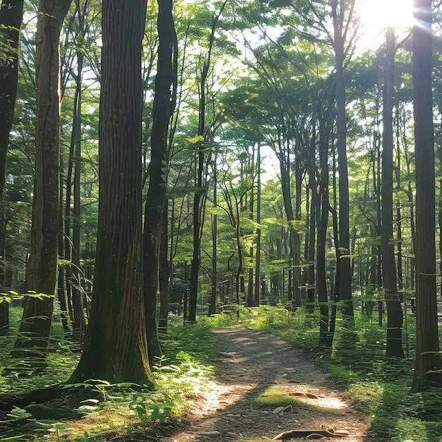 Suasana hutan Jepang yang tenang dan misterius