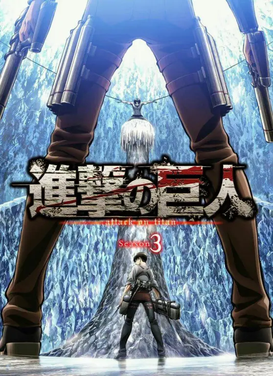 Gambar kunci dari Attack on Titan Season 3 yang menampilkan para karakter utama.