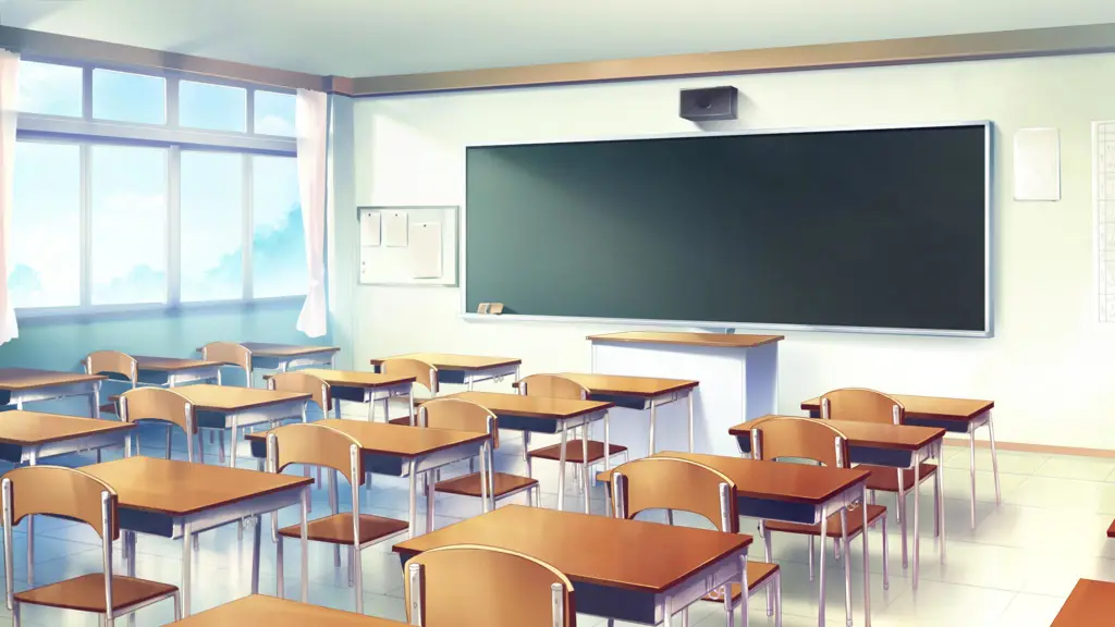 Background kelas anime dengan detail yang rumit dan penuh warna