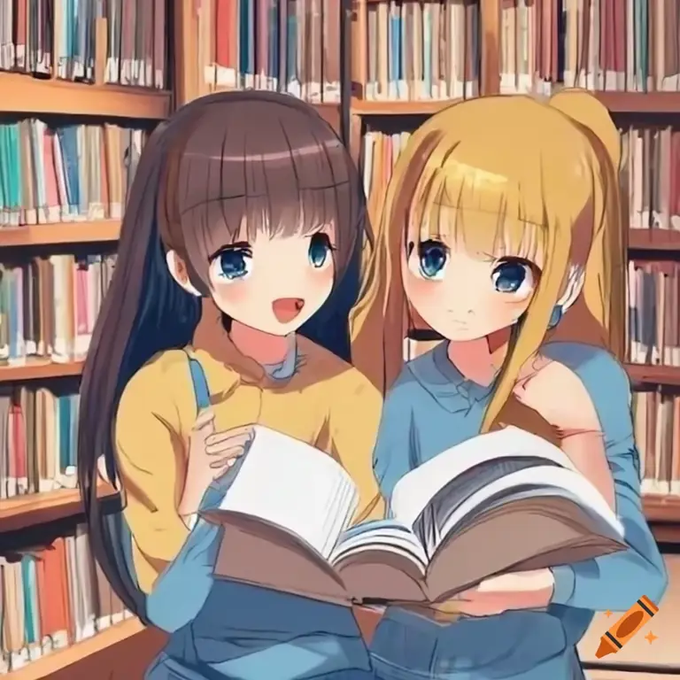 Gambar seorang gadis anime yang sedang belajar di perpustakaan