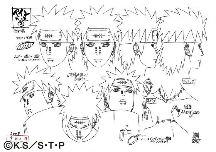 Sketsa desain karakter Naruto yang menunjukkan berbagai ekspresi wajah