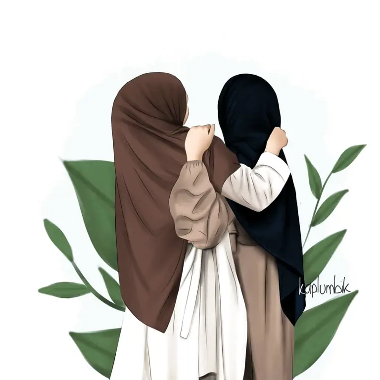 Ilustrasi enam sahabat perempuan berhijab dengan gaya anime yang berbeda-beda