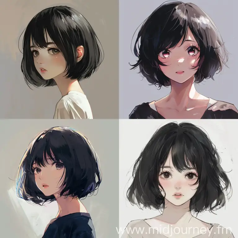 Ilustrasi karakter anime wanita dengan rambut pendek hitam