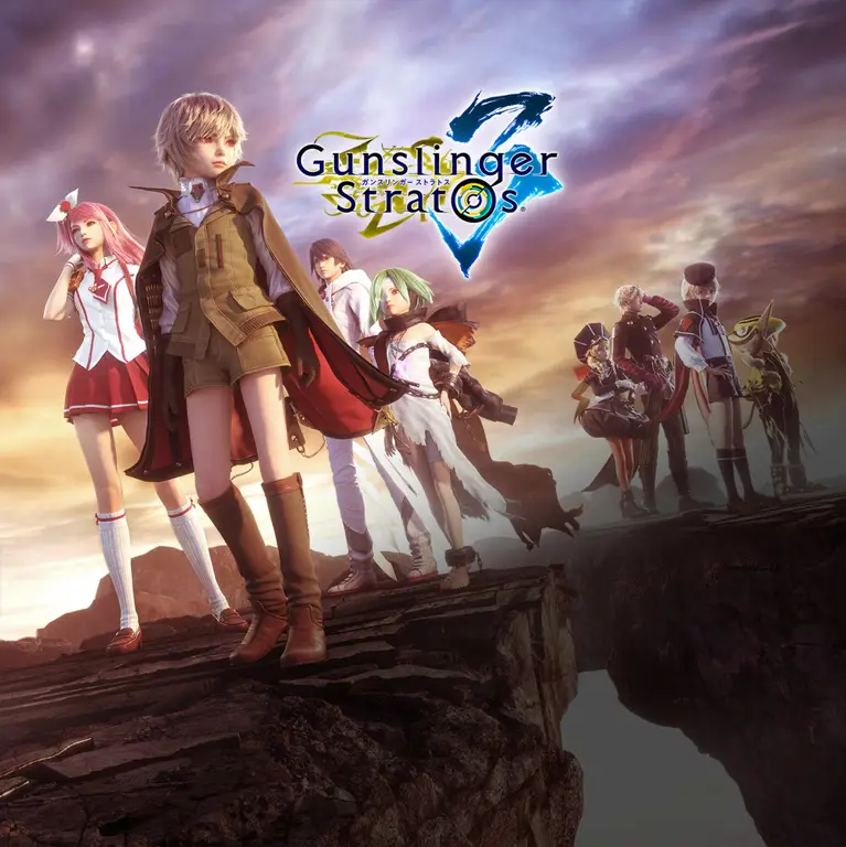 Gambar beberapa karakter di Gunslinger Stratos dengan berbagai senjata dan gaya bertarung.