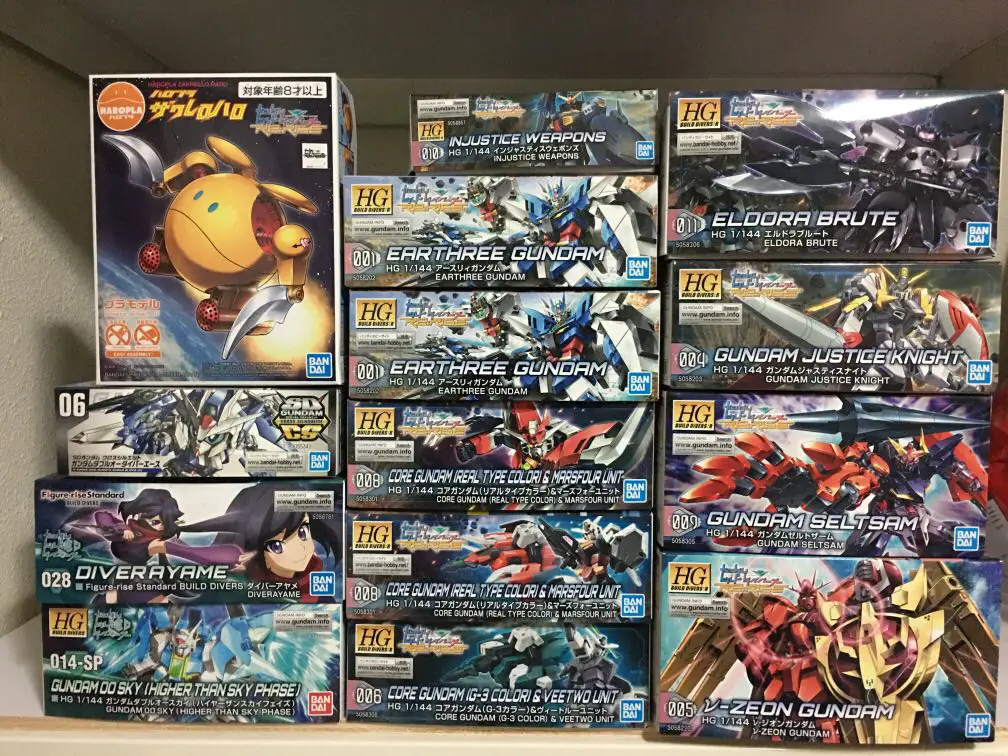 Gambar berbagai Gunpla (model kit Gundam) yang terinspirasi dari Gundam Build Divers.