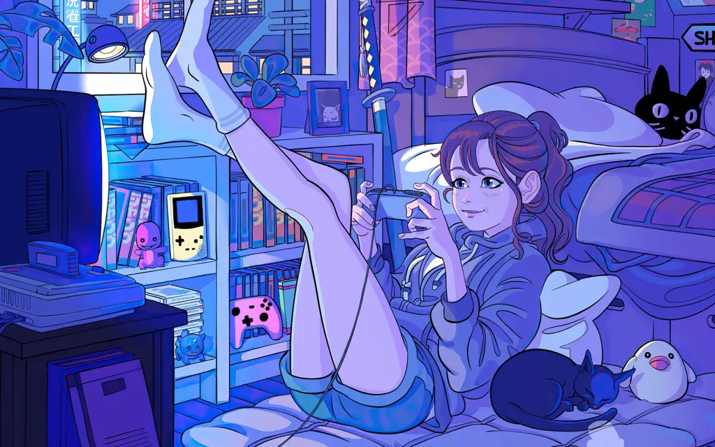 Ilustrasi gadis anime sedang bermain game mobile