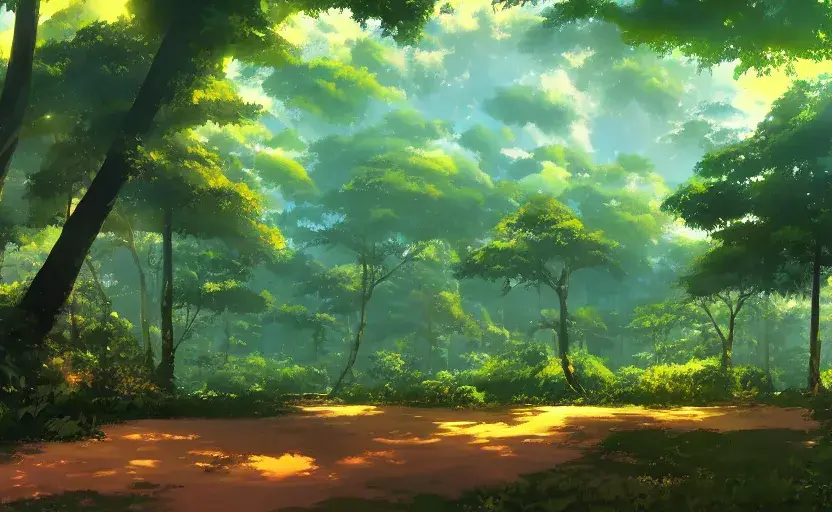 Beruang anime di tengah pemandangan hutan yang indah