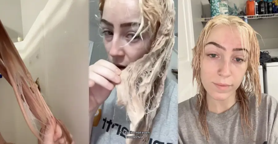 Seorang wanita sedang melakukan bleaching rambut di rumah.