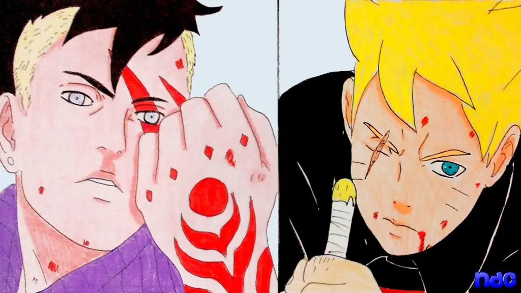 Sketsa Boruto dan Kawaki sedang bertarung dengan pose dinamis