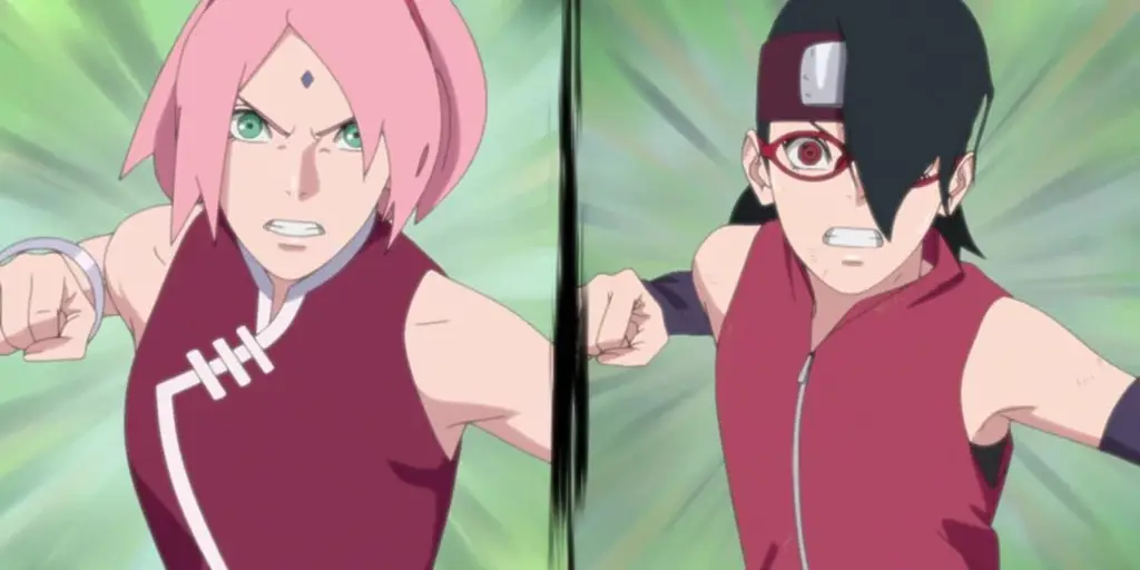 Boruto dan Sarada berlatih dalam sebuah adegan montage