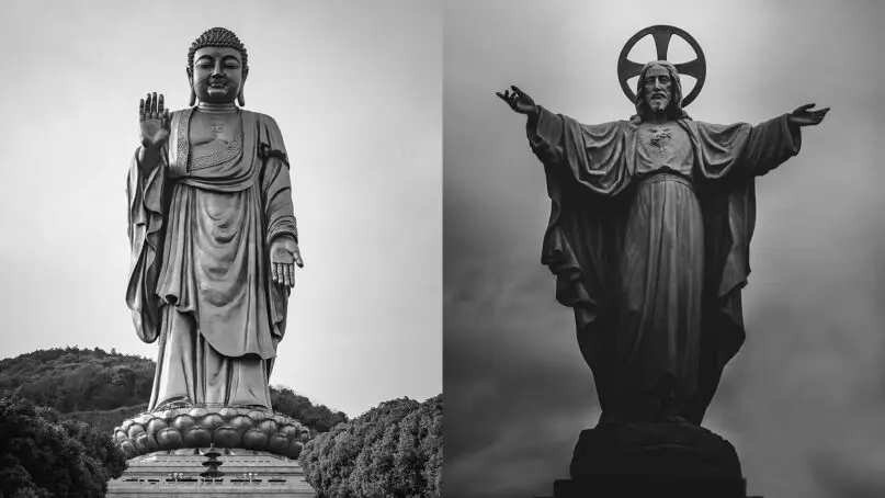 Gambar Buddha dan Yesus bersama-sama dalam setting modern