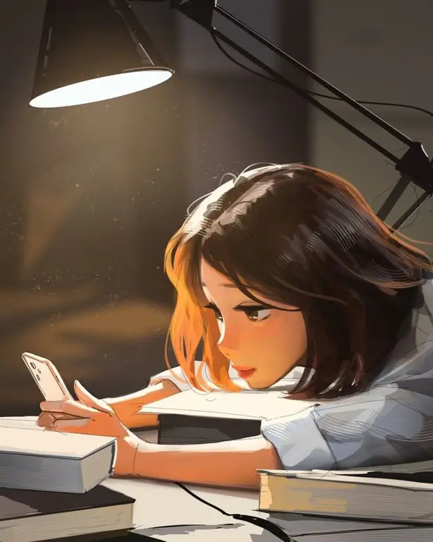 Ilustrasi gadis anime imut sedang belajar dengan buku catatan