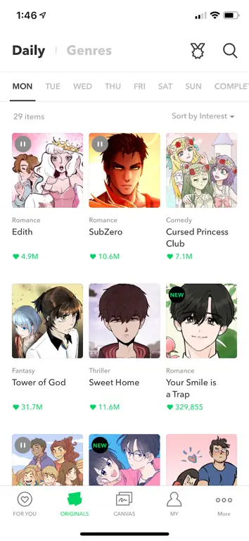 Antarmuka aplikasi Webtoon yang menampilkan komik Si Udin