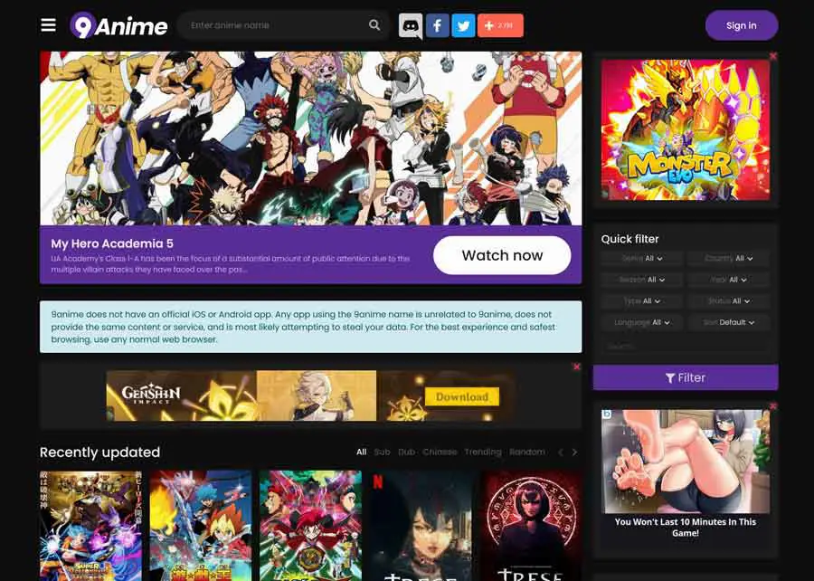 Antarmuka situs streaming anime resmi