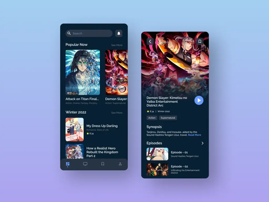 Antarmuka aplikasi streaming anime