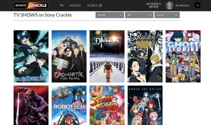 Antarmuka situs web streaming anime