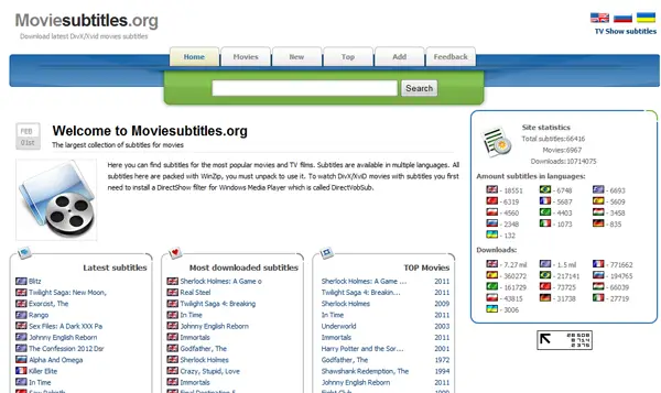 Contoh antarmuka situs web yang menyediakan subtitle Antarmuka situs web unduhan subtitle