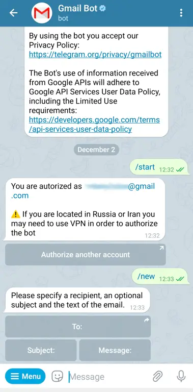 Antarmuka bot Telegram yang informatif