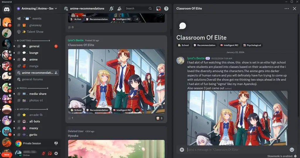 Antarmuka server Discord yang menunjukkan channel terkait anime