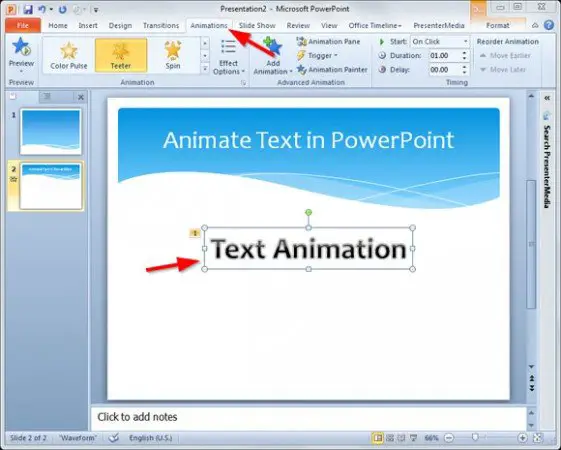 Berbagai efek animasi teks di PowerPoint