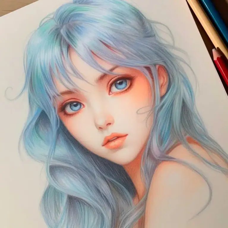 Gambar seorang gadis anime yang digambar dengan pensil warna