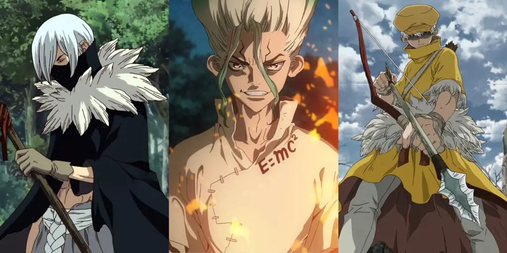 Gambar yang menampilkan gaya animasi Dr. Stone