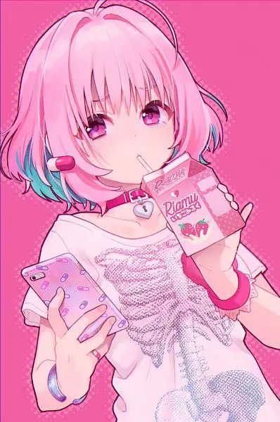 Gadis anime lucu dengan pakaian pink