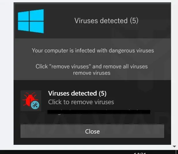 Contoh peringatan pop-up malware yang mungkin muncul di situs ilegal Peringatan pop-up malware