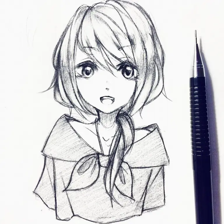 Sketsa gadis anime dengan pensil