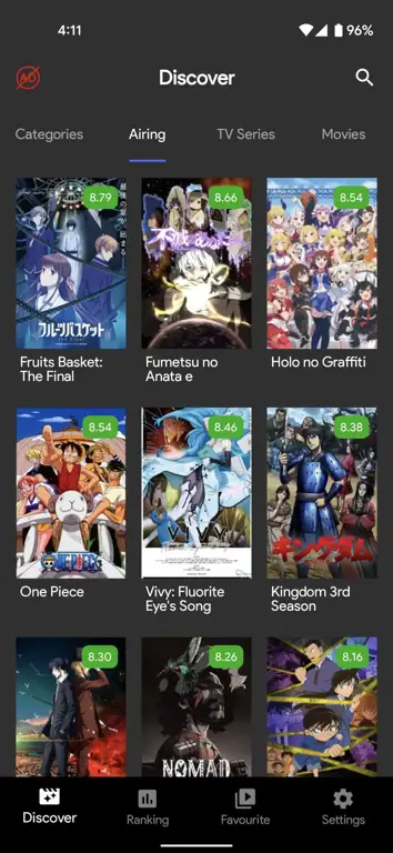 Antarmuka aplikasi streaming anime