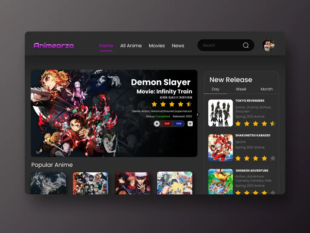 Antarmuka pengguna platform streaming anime resmi