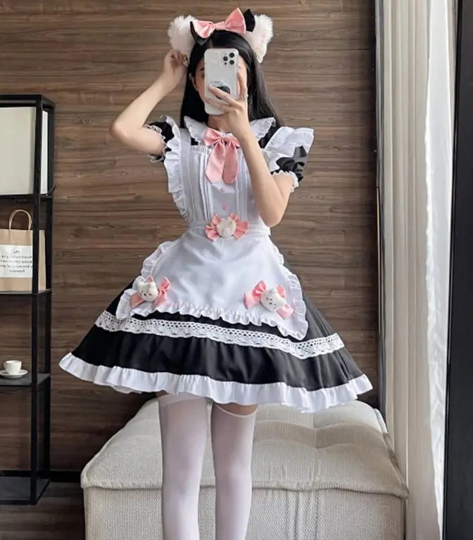 Foto-foto penggemar anime yang menggunakan baju maid anime dalam acara cosplay.