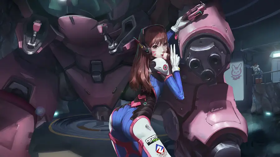 Ilustrasi D.Va dengan mecha bergaya anime